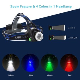 TotaLohan 4 in 1 Multicolor Headlamp 800 Lumen Zoomable One Mode White Red Green Blue Light, Hunting Headlight