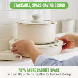 GreenLife 10 Piece Nonstick Pots & Pans Set, Detachable Handle & Stackable Cookware Set, Non Toxic PFAS-Free Skillets, Induction Kitchen Pans, Space Saving, Serving Bowls, Oven Safe, Speckled Cream