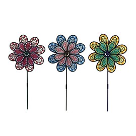 Outdoor Decoration 34.6" inch Colorful Flower Wind Spinner Whirligig Garden Stake Yard Spinner Windmill Lawn Ornament (Green Color)