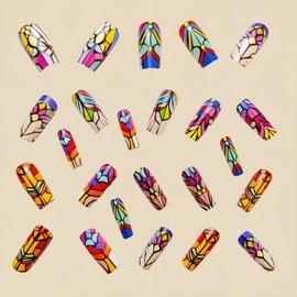 24Pcs Cute Press on Nails Medium Square Fake Nails with Colorful Gradient Designs Glossy False Nails Black Stripes Stick on Nails Reusable Acrylic Glue on Nails for Women Girls
