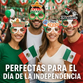 FELIUP Gafas Decorativas Viva México Accesorio para Fiesta Mexicana, Diseño Tricolor con Sombrero Set de 4 Piezas