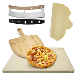 Rectangular Pizza Stone 4 Sets,12"x15"x0.59"(OAK) Pizza Stone for Oven and Grill with Bamboo Pizza Peel, Pizza Cutter and 10pcs Cooking Paper,Grill Stone Baking Stone for Bread,BBQ,Grill