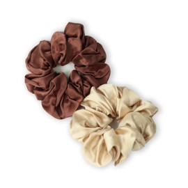 LumeSilk Pure Silk Scrunchies,100% Mulberry Silk Hair Elastic for Women,Anti-Crease,Gentle on Hair,2 Pack,Brown&Champagne