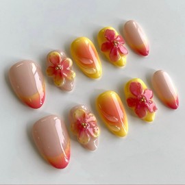 Luxury Press on Nails Short Almond Handmade 3D Unique Reusable ABS Material Fake Nails French Tip False Nails with Designs Flower Yellow&Pink Glossy Glue on Nail Thick Acrylic Nail(S)