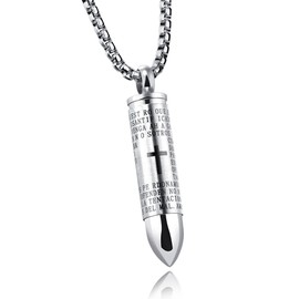 Mens Cross Pendant Necklace for Men Black Gold Urn Lord's Prayer Stainless Steel Ash Memorial Bullet Chain Nice Gifts (Stainless Steel)