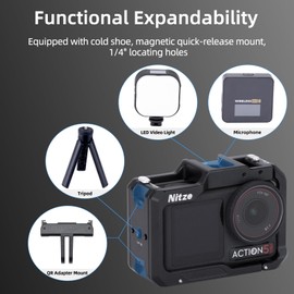 Nitze Cage for DJI Osmo Action 5 Pro/ 4/3, Aluminum Protective Camera Cage with Magnetic Interface, 1/4" Locating holes and Cold Shoe for Microphone or LED Video Light - T-D03A