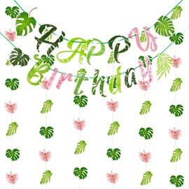 Spring Happy Birthday Banner Pre-Strung Summer Green Tropical Leaves Banner Spring Summer Birthday Party Decorations for Boys Girls Baby Shower Garden Party