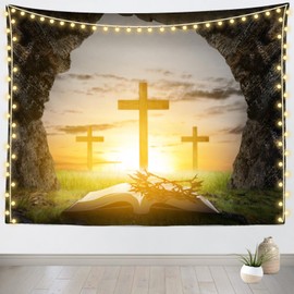 CORFOTO 50''Wx59''L Jesus Cross Bible Book Tapestry Wall Hanging Crown of Thorns Three Crosses Easter He is Risen Jesus Resurrection Wall Tapestry for Bedroom Living Room Church Decor Fabric