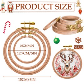 DoubleFill 9 Pcs Beech Wood Embroidery Hoops Sizes from 4 Inch to 6 Inch Frame Circle Hoops Ring Hanging Display Cross Stitch Ornament Gift Vintage Beech Wood Frame Kits for Craft Sewing Gifts