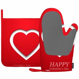 Mxocom Happy Valentine Day Greeting Card with White Heart Silicone Oven Mitts and Pot Holders Sets BBQ Gloves for Kitchen,Cooking,Baking,Grilling