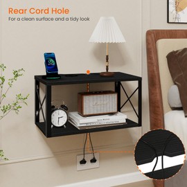 Homode Floating Nightstand, 2 Tier Wall Mounted Nightstand with Cable Hole, Wooden Floating Bedside Table, Bedside Wall Shelf for Bedroom Bathroom Living Room Kitchen Office, Black