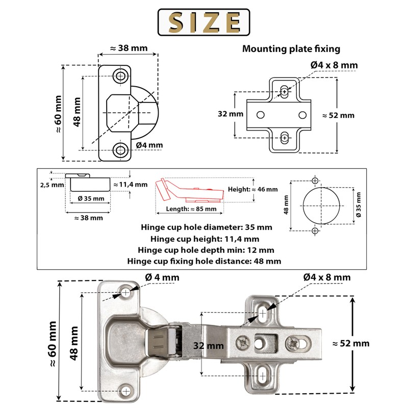 AERZETIX - C41050-Set of 4 Concealed Hinges 30° Curved for