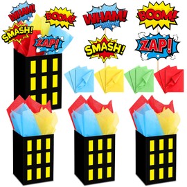 Weekgrat 4 Sets Hero Theme Party Decoration Hero Boxes Centerpiece (7.9 x 5.1 x 5.1 Inch) Sticks with Tissue Paper Standing Cards Birthday Baby Shower Party Supplies (Yellow)
