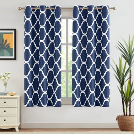 Melodieux Navy Blue Moroccan Blackout Curtains 45 Inches Long for Bedroom Small Windows, Room Darkening Grommet Drapes, 42" W x 45" L, 2 Panels