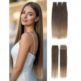 Synthetic Bundles with Closure, Long Straight Quick Weave Hair Bundles, Heat Resistant Hair Extensions Sew in for Women (450g,Mix Brown to Blonde)