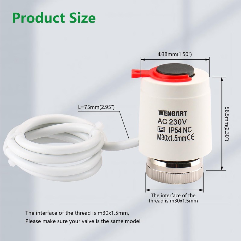 Wengart Thermoelectric Actuator WG2212,AC230V Normally Closed M30*1,5 Thread,Work for Underfloor