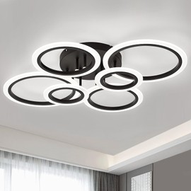 TEMINBU Modern LED Ceiling Light, Black 6 Rings Flush Mount Ceiling Light, 4000K Lighting Fixture Ceiling Lamp for Kitchen, Bedroom, Living Room, Laundry Room