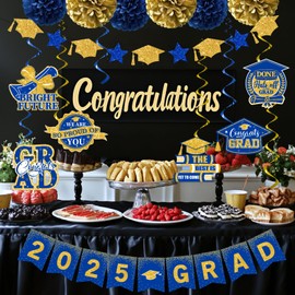 Blue and Gold Graduation Decorations 2025, 2025 Grad Banner and Congrats Grad Hanging Swirls, Blue Graduation Banner Graduations Hanging Swirls College Graduation Party Decorations Class of 2025