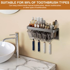 Refein Toothbrush Holder Wall Mounted for Small Bathroom, Toothbrush Holder for Bathroom with 4 Mouthwash Cups, Space Saving Toothbrush Rack, Multi-Functional Tooth Brush Holder with Storage Box
