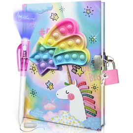 Pop Diary Girls with Lock and Invisible Double Ended Pen, 19 x 13.5 cm, 80 Lined Sheets Unicorn Pop Fidget Diary Kids Secret Notebook Pen Set Gifts for Girls and Boys