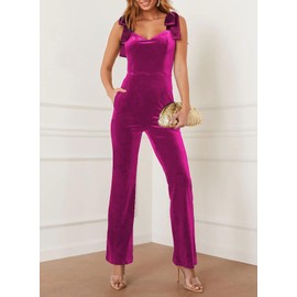 BLENCOT Women's Wide Leg Velvet Jumpsuits Sexy Tie Knot Strap Sleeveless Elegant Romper Overall Pants Pitaya Pink L