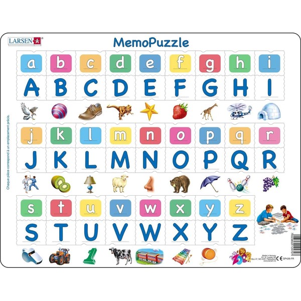Larsen GP426 MemoPuzzle The Alphabet with 26 Upper and Lower Case Letters, French Edition, Puzzle Frame with 52 Pieces