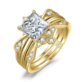 JewelryPalace Vintage Princess Cut 2ct CZ Solitaire Engagement Ring for Women, Classic 14K Yellow Gold 925 Sterling Silver Promise Ring for her, Crown Enhancer Wedding Band Ring Bridal 11.5