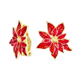 Christmas Party Red Enamel Statement Flower Shape Poinsettia Clip On Earrings for Women with Non-Pierced Ears - 14K Gold Plated