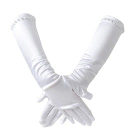 2 Pair Little Girls Long Princess Costume Glove, Creatiee White Dress Up Beading Bows Glove for Kids Party, Wedding, Birthday, Holiday, Formal Pageant (White)