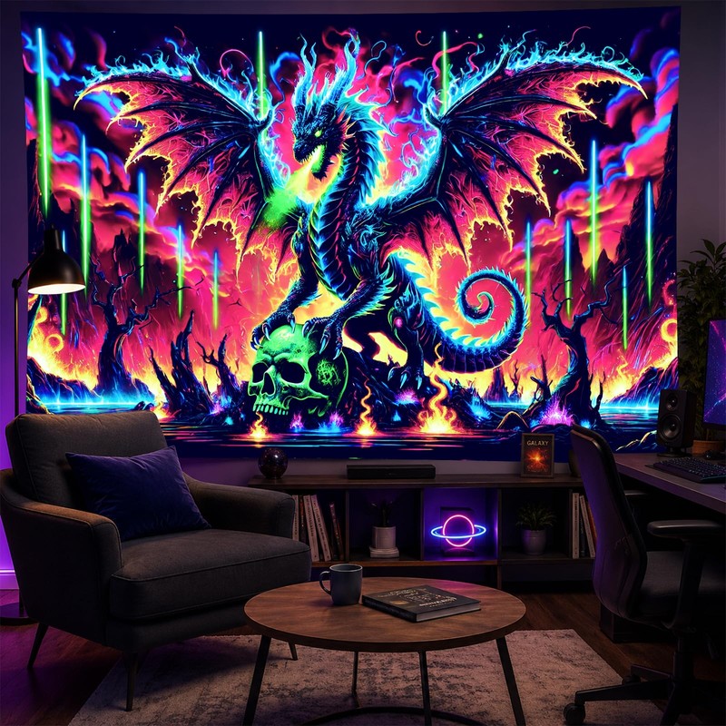 BlissYard Dragon Tapestry Blacklight Tapestry 78x59 Inch UV Wall Hanging