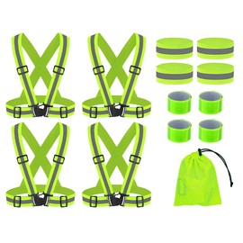 Hitopin 4 pieces reflective safety vest adjustable, 4 pieces reflective wristbands, 4 pieces reflective bands, snap bracelets with mesh bag, reflective tapes, safety vest, reflective safety vest set
