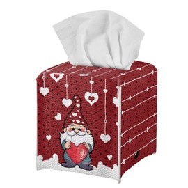 doginthehole Valentine's Day Decortaions Tissue Box Cover Holder Square with Bottom Belt, Valentines Gnomes Red Hearts PU Leather Decorative Organizer for Tabletop, Bathroom, Car