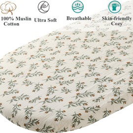 Muslin Bassinet Sheet Compatible with Baby Delight Beside Me Dreamer Bassinet, 2 Pack Cotton Stylish Boho Fitted Bassinet Sheets Super Soft for Baby Roman Green & Botanical Leaf