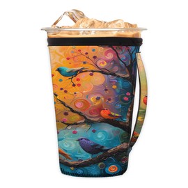 Reusable Iced Coffee Cup Sleeve Colorful Birds Neoprene Insulated Sleeves Cup Cover Holder Coffee Cup Sleeves with Handle for Cold Drinks Tumbler Cup,30-32oz