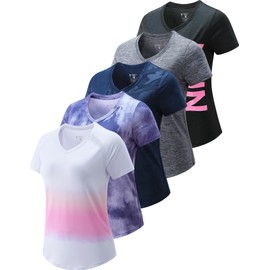 5 Pack: Women's Dry Fit Short Sleeve T Shirts, Athletic Workout Tee Tops for Gym Yoga Running (Set 13, Large)