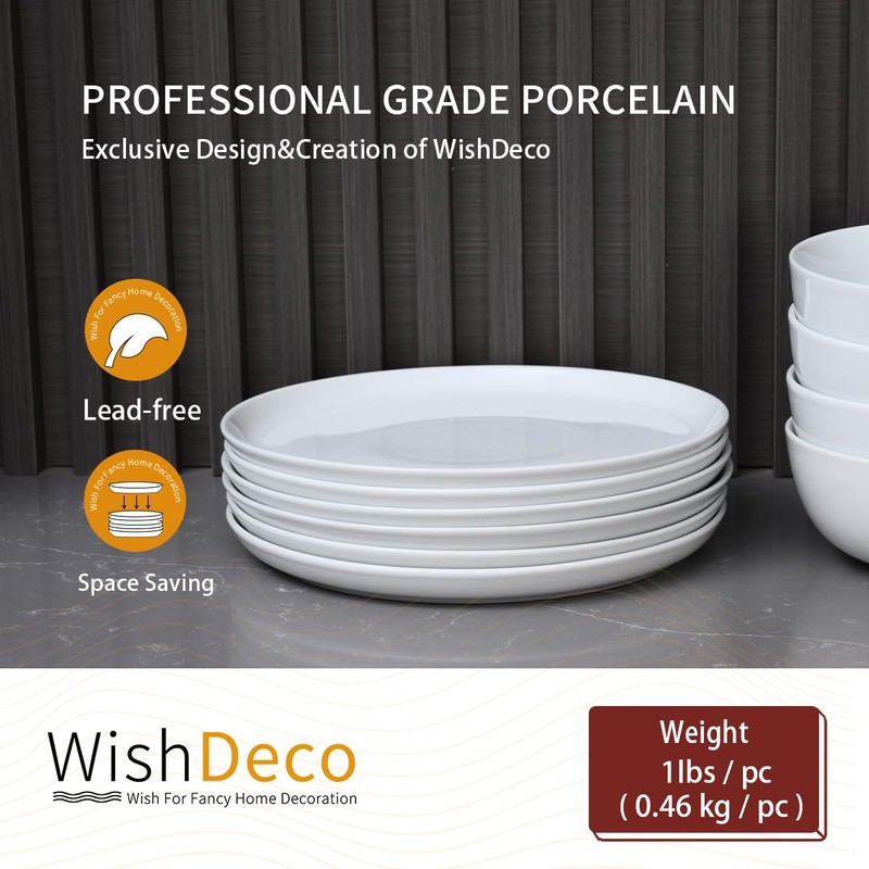 WishDeco White Dinner Plates Set of 6, Porcelain Salad Plates
