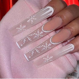 Christmas Press on Nails Extra Long Square Fake Nails with Glitter Designs White French tips Glue on Nails Ice Snowflake Stick on Nails Glossy Reusable Xmas False Nails for Women Holiday Manicure
