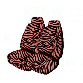 A Complete Animal Print Seat Cover and Accessories Set 2 Low Back Seat Covers with Headrest Cover, Bench Seat Cover, Wheel Cover, 2 Shoulder Pads, 2 Front Floor Mats, 2 Rear Floor Mat, Hanging Dice and Lanyard Key Chain - Zebra Pink - Zebra Pink