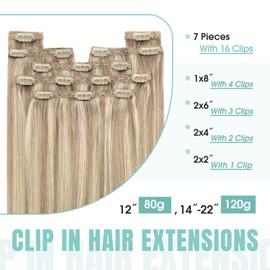 YoungSee Clip Hair Extensions Real Human Hair Blonde Highlight Clip in Human Hair Extensions Warm Ash Blonde Highlights Bleach Blonde Clip in Extensions Human Hair 120G 16Inch 7Pcs #P18/613