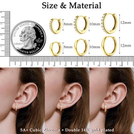 DOCHAIS 6 Paar 14k Vergoldete Gold Creolen Ohrringe Set, Kleine Creolen für Damen, Hypoallergen Knorpel Huggie Creolen mit AAA+ Zirkonia für Damen Herren Mehrere Ohrlöcher