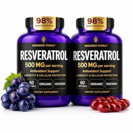 WONDER FAMILY Resveratrol Supplement 500mg, 98% Trans-Resveratrol from Japanese Knotweed, Vegan Antioxidant Capsules for Daily Wellness, Non-GMO, Glut
