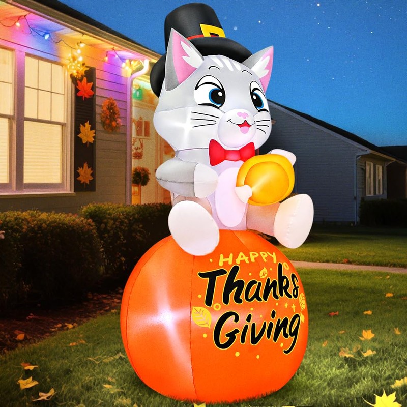 5FT Thanksgiving Inflatables Outdoor Decoration Inflatable Cat Sits on Pumpkin,
