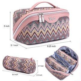 Travel Cosmetic Bag Makeup Bags for Women: Western Boho Makeup Bag Set of 3 - Large Vegan Leather Cosmetic Organizer Bags with Compartments & Handle & Divider(Pink)