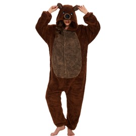 chuangminghangqi One Piece Pyjamas Women's Long Winter Onesie Animal Costume Adult Costume Jumpsuit Women's Cuddly Pyjamas Fleece Onesie Clothing with Hood and Zip, Brown Bear-7126