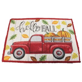 4 Pc Fall Placemat Set - Tapestry Style Hello Fall with Vintage Truck Carrying Pumpkins & Colorful Leaves - Comes in an Organza Bag so It's Ready for Giving!