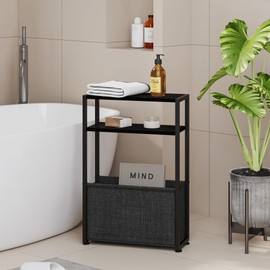 Leomonio Narrow Side Table, Slim End Tables with Fabric Basket, Skinny Table for Small Spaces, Thin Bedside Table for Living Room, Bedroom (1, Ebony Black + Slate Gray)