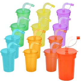 Onlvmyur Pack of 12 Drinking Cups with Straw and Lid, Children's Plastic Cups, Reusable Children's Party Cups for Children, Adults, Iced Coffee, Cold Drinking, Smoothie Juice (380 ml)