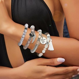 Yean 4 Pieces Boho Bracelet Layered Bead Bracelets Tassel Coin Pendant Hand Jewelry for Women and Girls (White), Crystal
