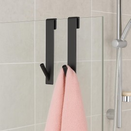 Beldray Shower Screen Hooks – Pack of 2 Glass Door (Max 1.5 cm Thickness) Hooks for Bathroom, Hang Towels, Bath Robes, Loofah, Sponge, Space-Saving Storage, No Tool Installation, Scratch-Free, Black