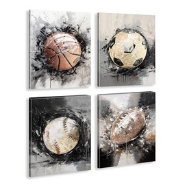 NIIORE Framed Sports Themed Wall Art, Retro Watercolor Graffiti Football, Baseball, Soccer, Basketball Canvas Prints for Boy's Room Man Cave Home Decor, Set of 4-8 x10 Inches
